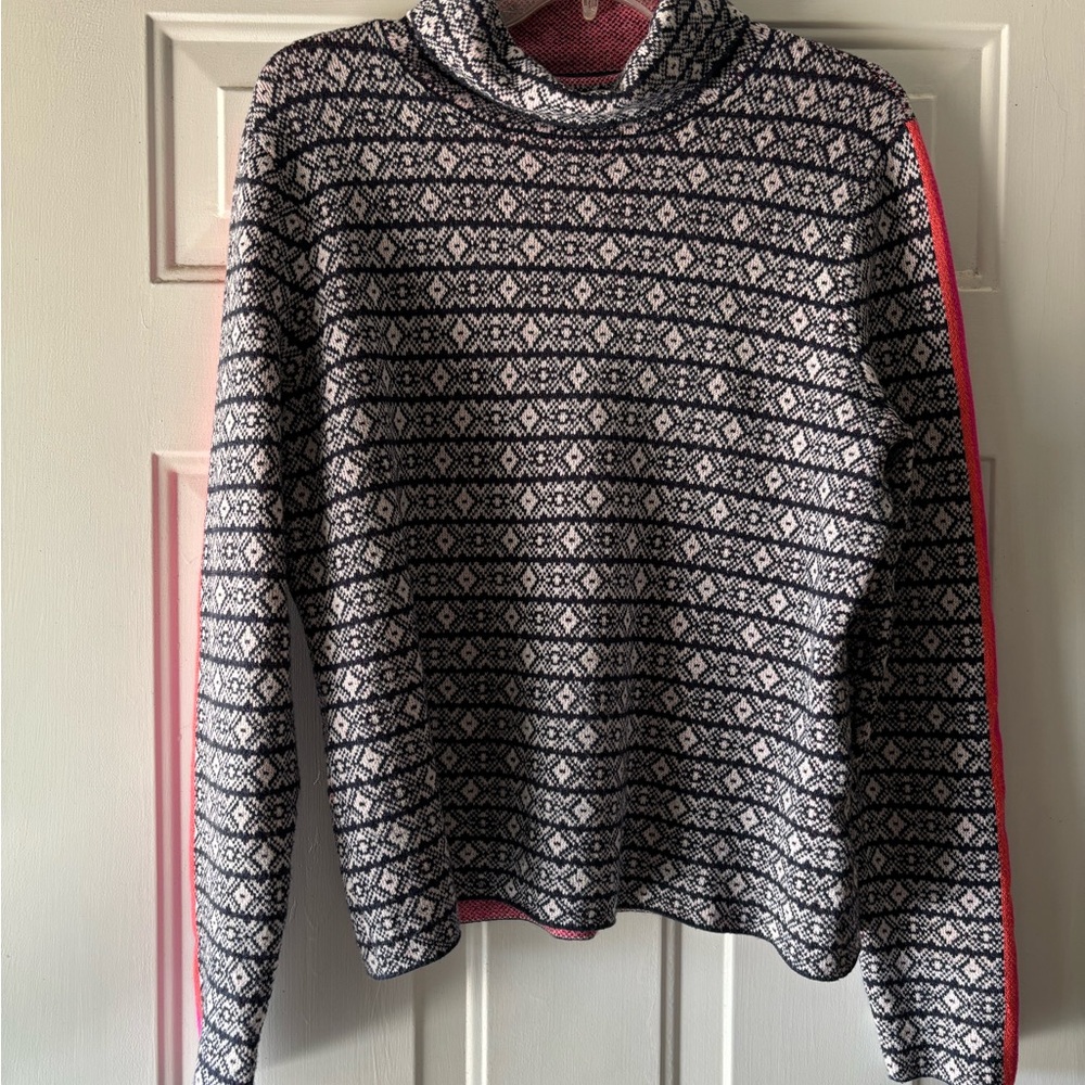 Maeve XL Patterned Turtleneck Sweater - with pink and orange stripes on arms